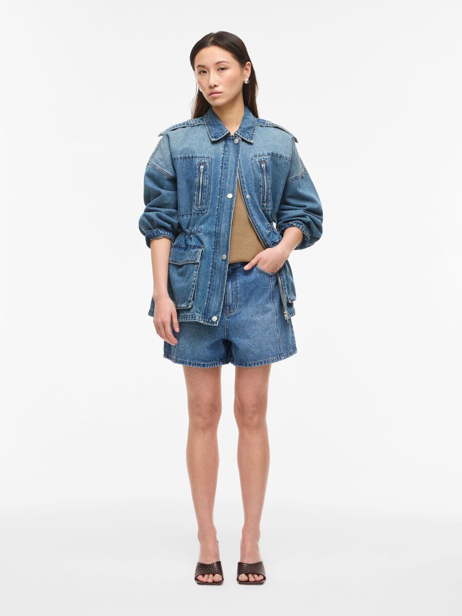 Product tile image - HIGH WAIST DENIM SHORTS, Dark Medium Blue Denim | 14115164_DarkMediumBlueDenim