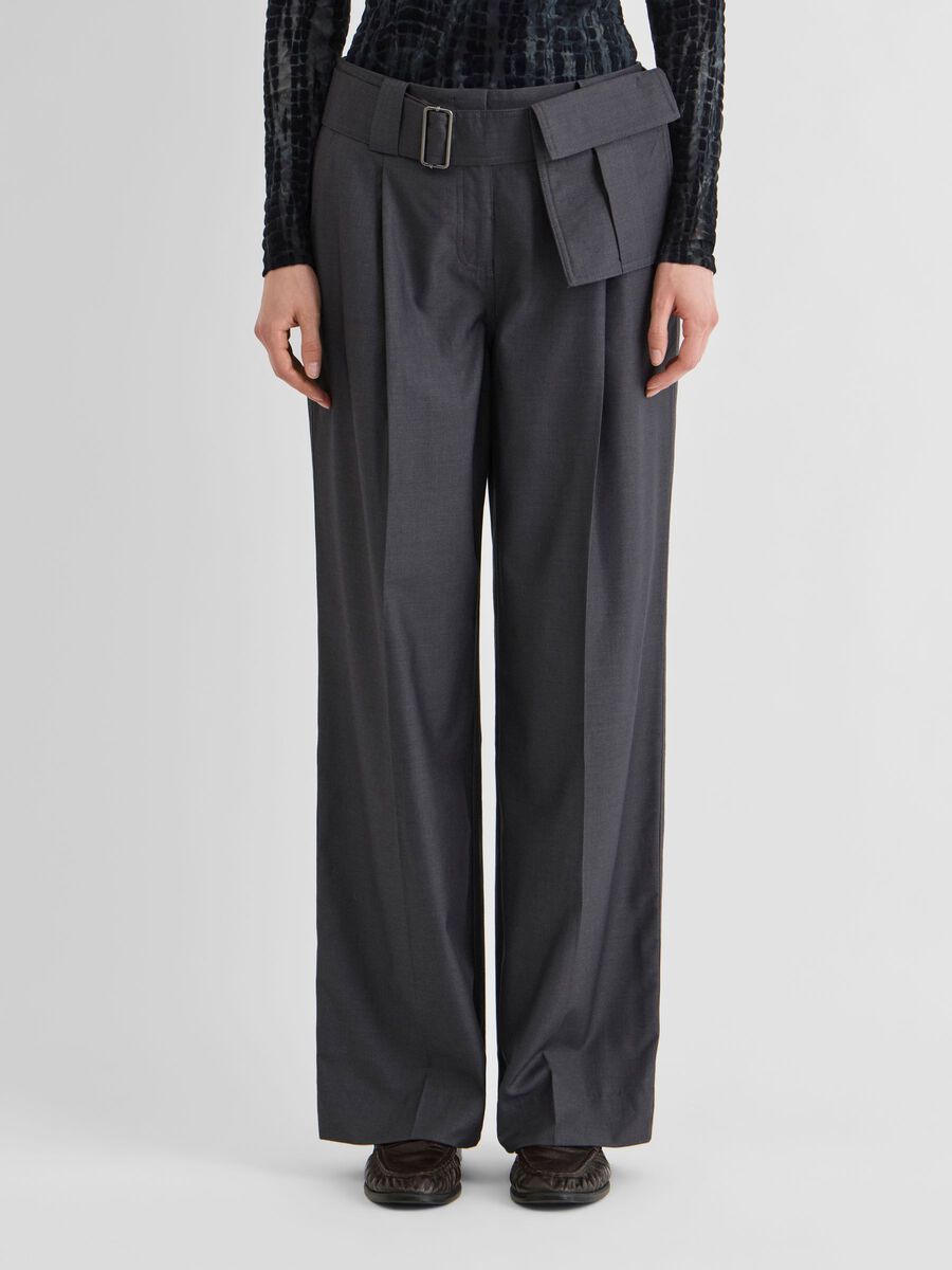 Product tile image - MID-WAIST WIDE-LEG TROUSERS, Dark Grey Melange | 14118233_DarkGreyMelange_1309021