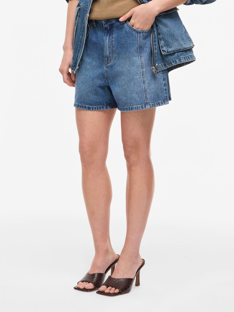 Carousel image - HIGH WAIST DENIM SHORTS, Dark Medium Blue Denim | 1
