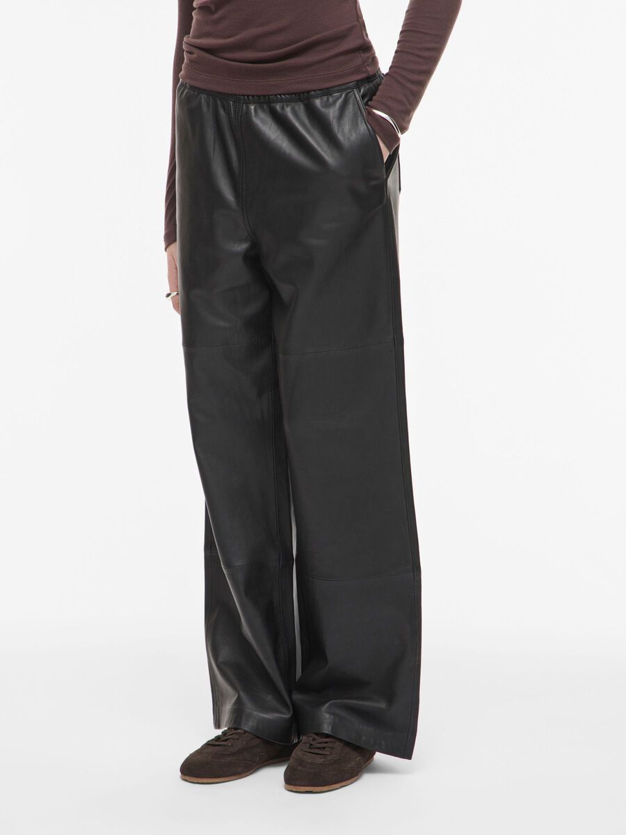 Product tile image - HIGH WAIST LEATHER TROUSERS, Meteorite | 14116483_Meteorite