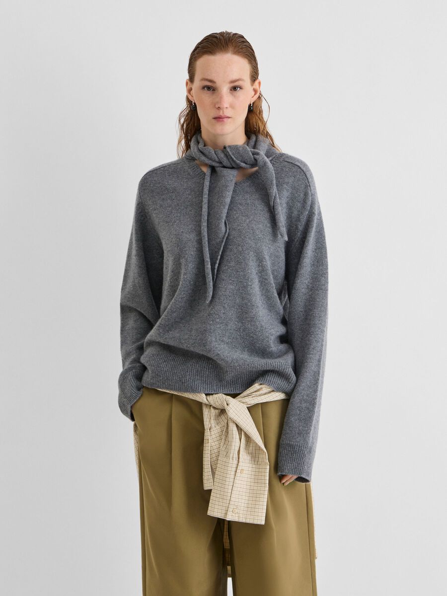 Product tile image - SCARF KNITTED PULLOVER, Dark Grey Melange | 14118729_DarkGreyMelange