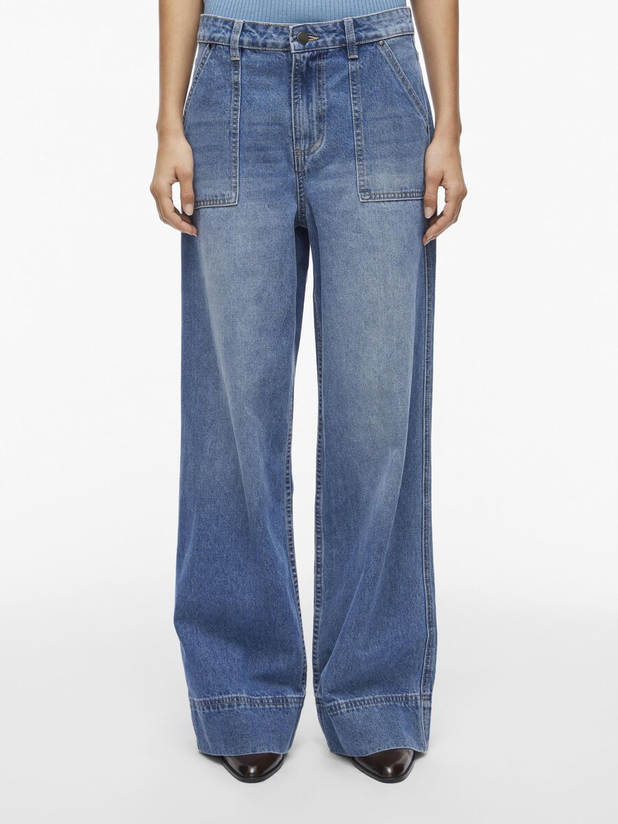 VILA HIGH WAIST WIDE LEG JEANS, Dark Blue Denim, highres - 14103283_DarkBlueDenim_003.jpg